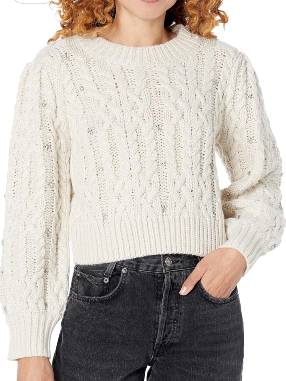ASTR the label Edith Sweater Chalk Cream Chunky Cable Knit Rhinestone Accent L